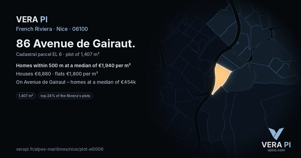 86 Avenue de Gairaut, Nice at night – the plot lit, the parcels around coloured by the prices near them