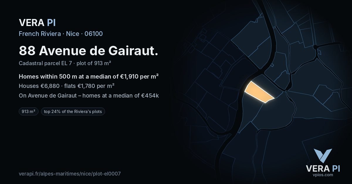 88 Avenue de Gairaut, Nice at night – the plot lit, the parcels around coloured by the prices near them