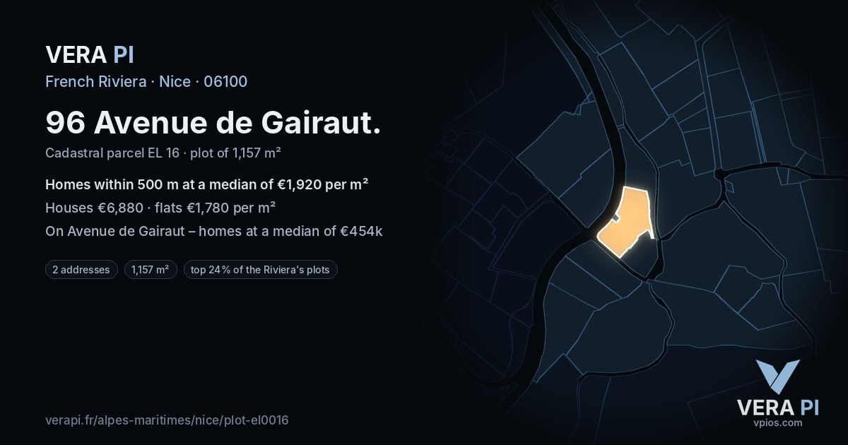 96 Avenue de Gairaut, Nice at night – the plot lit, the parcels around coloured by the prices near them