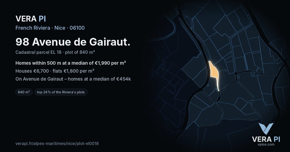 98 Avenue de Gairaut, Nice at night – the plot lit, the parcels around coloured by the prices near them