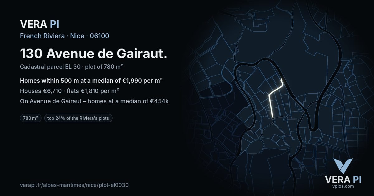 130 Avenue de Gairaut, Nice at night – the plot lit, the parcels around coloured by the prices near them