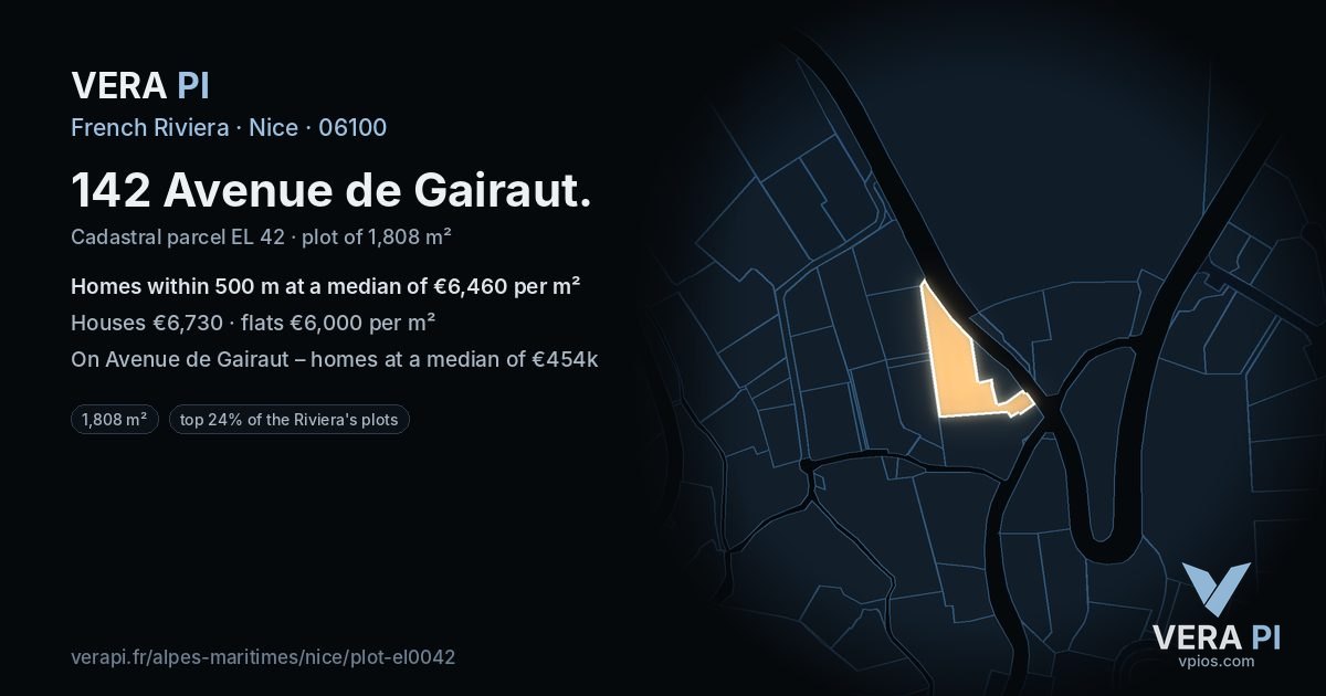 142 Avenue de Gairaut, Nice at night – the plot lit, the parcels around coloured by the prices near them