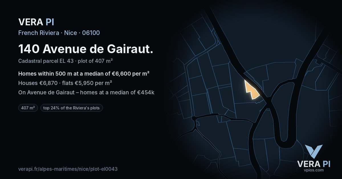 140 Avenue de Gairaut, Nice at night – the plot lit, the parcels around coloured by the prices near them
