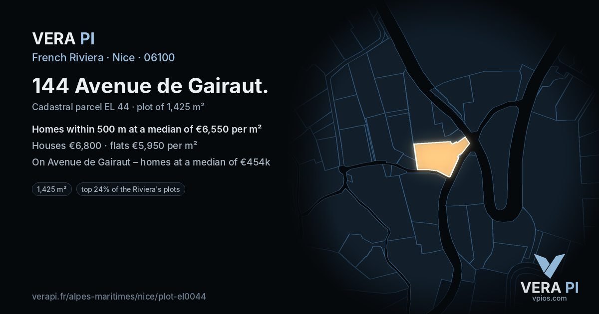 144 Avenue de Gairaut, Nice at night – the plot lit, the parcels around coloured by the prices near them
