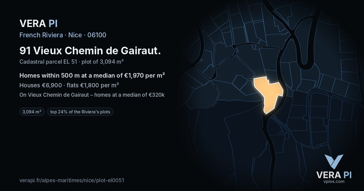91 Vieux Chemin de Gairaut, Nice at night – the plot lit, the parcels around coloured by the prices near them