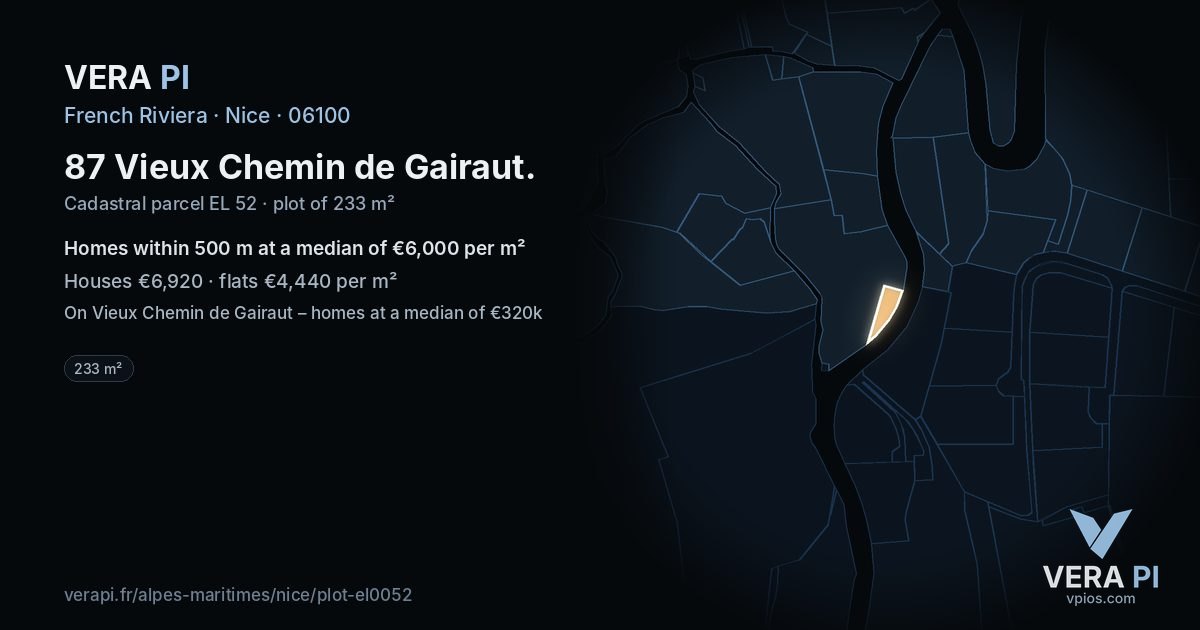 87 Vieux Chemin de Gairaut, Nice at night – the plot lit, the parcels around coloured by the prices near them