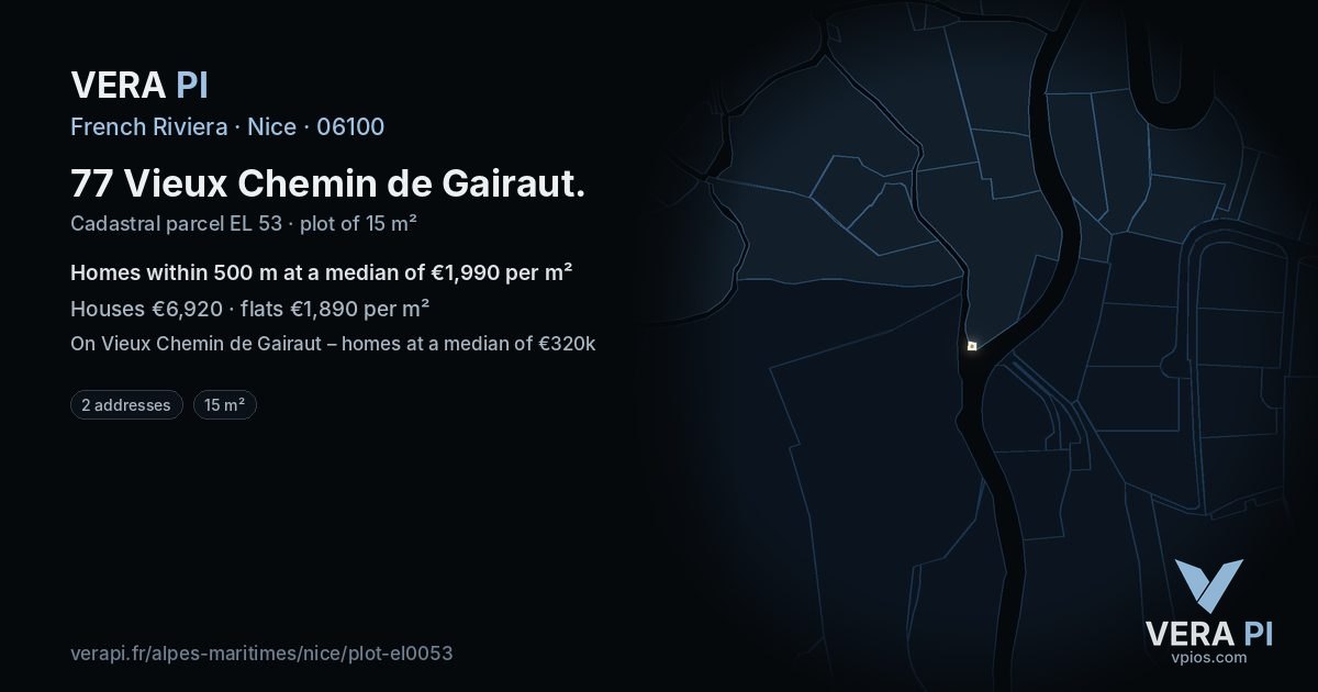 77 Vieux Chemin de Gairaut, Nice at night – the plot lit, the parcels around coloured by the prices near them