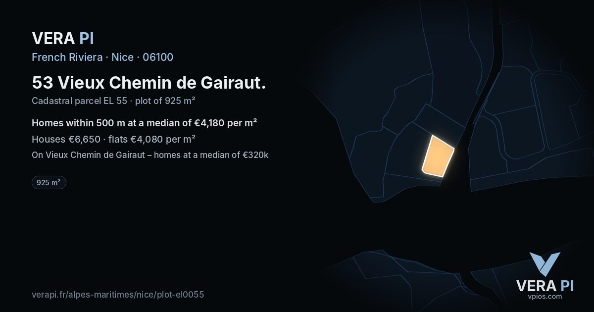 53 Vieux Chemin de Gairaut, Nice at night – the plot lit, the parcels around coloured by the prices near them
