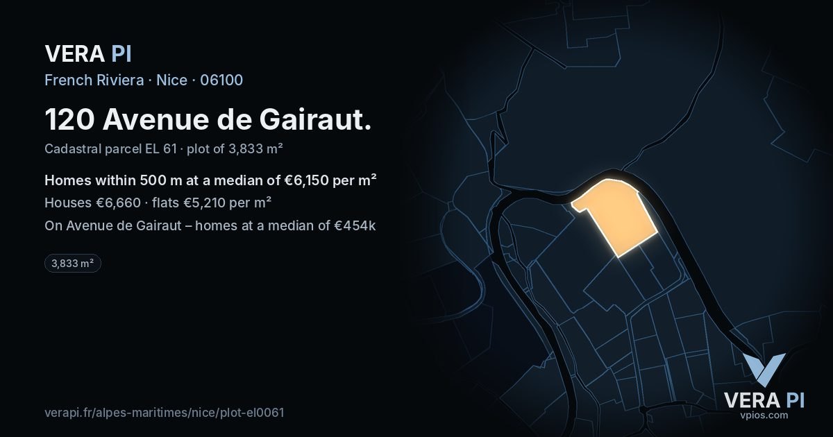 120 Avenue de Gairaut, Nice at night – the plot lit, the parcels around coloured by the prices near them