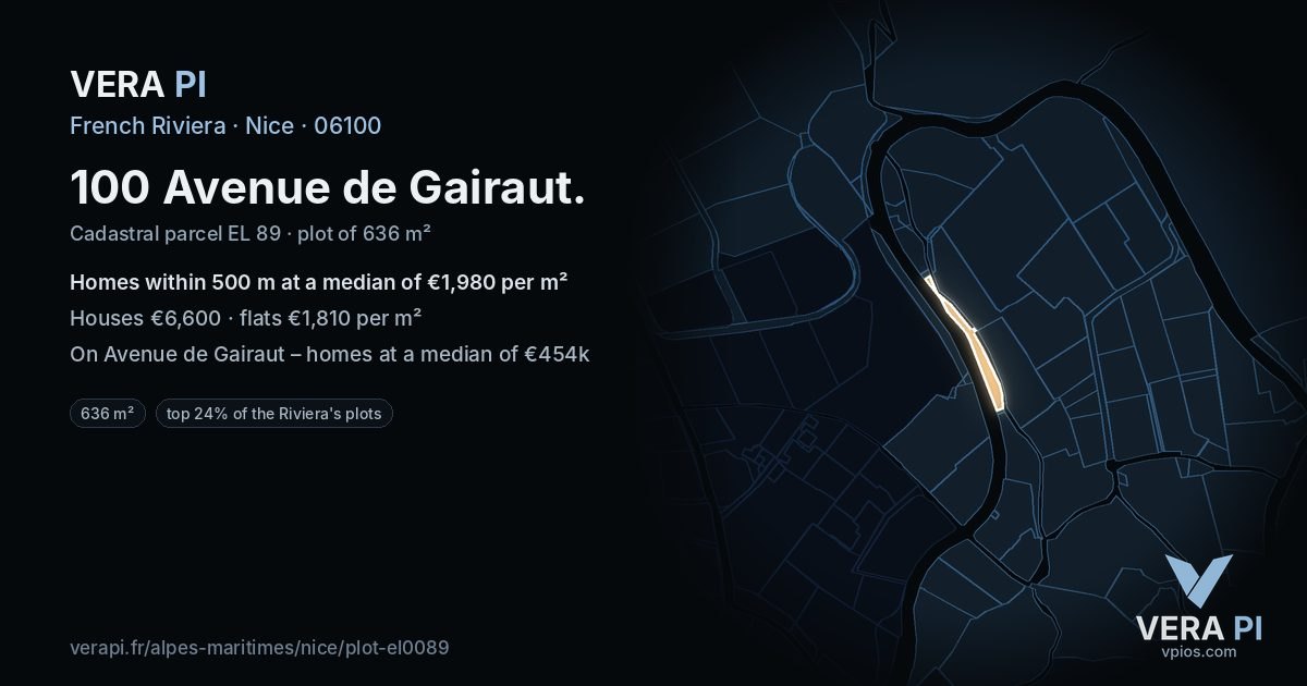 100 Avenue de Gairaut, Nice at night – the plot lit, the parcels around coloured by the prices near them