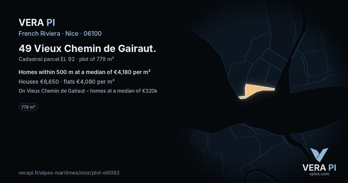 49 Vieux Chemin de Gairaut, Nice at night – the plot lit, the parcels around coloured by the prices near them