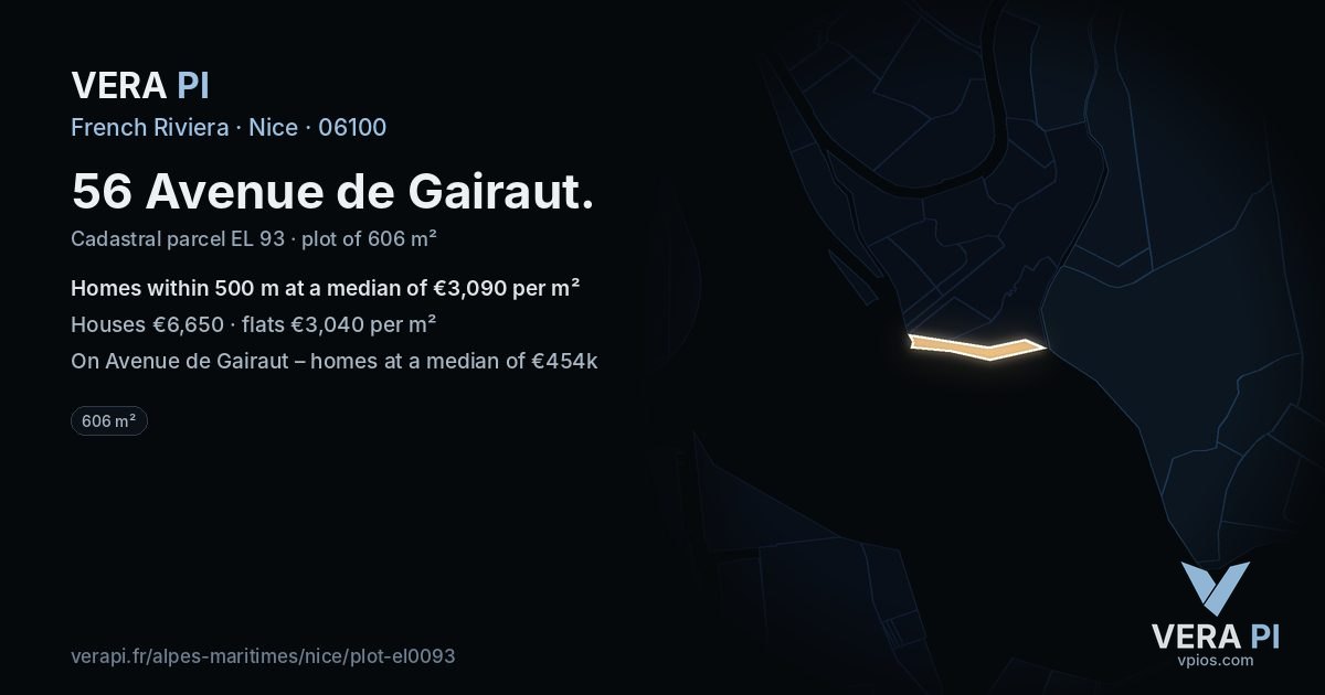 56 Avenue de Gairaut, Nice at night – the plot lit, the parcels around coloured by the prices near them