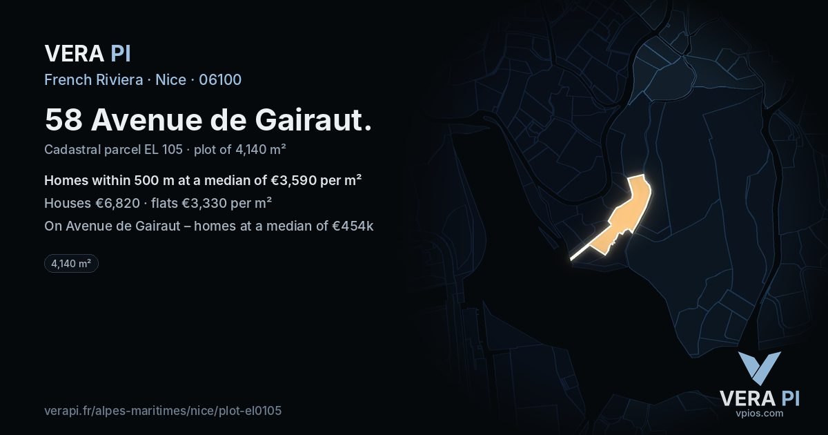 58 Avenue de Gairaut, Nice at night – the plot lit, the parcels around coloured by the prices near them