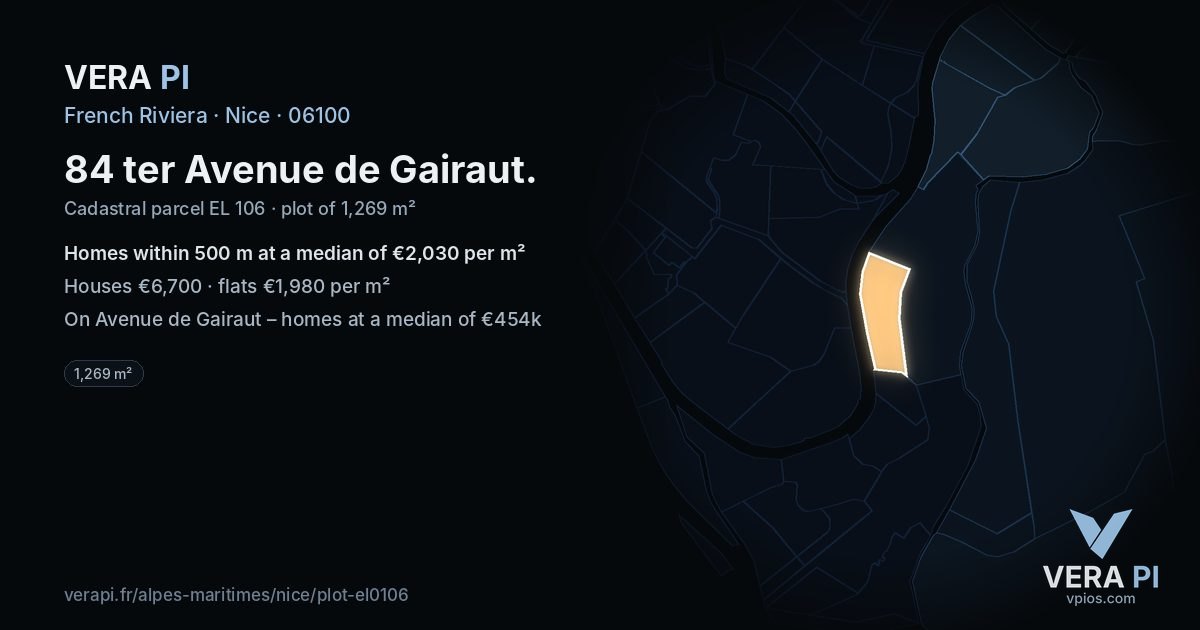 84 ter Avenue de Gairaut, Nice at night – the plot lit, the parcels around coloured by the prices near them