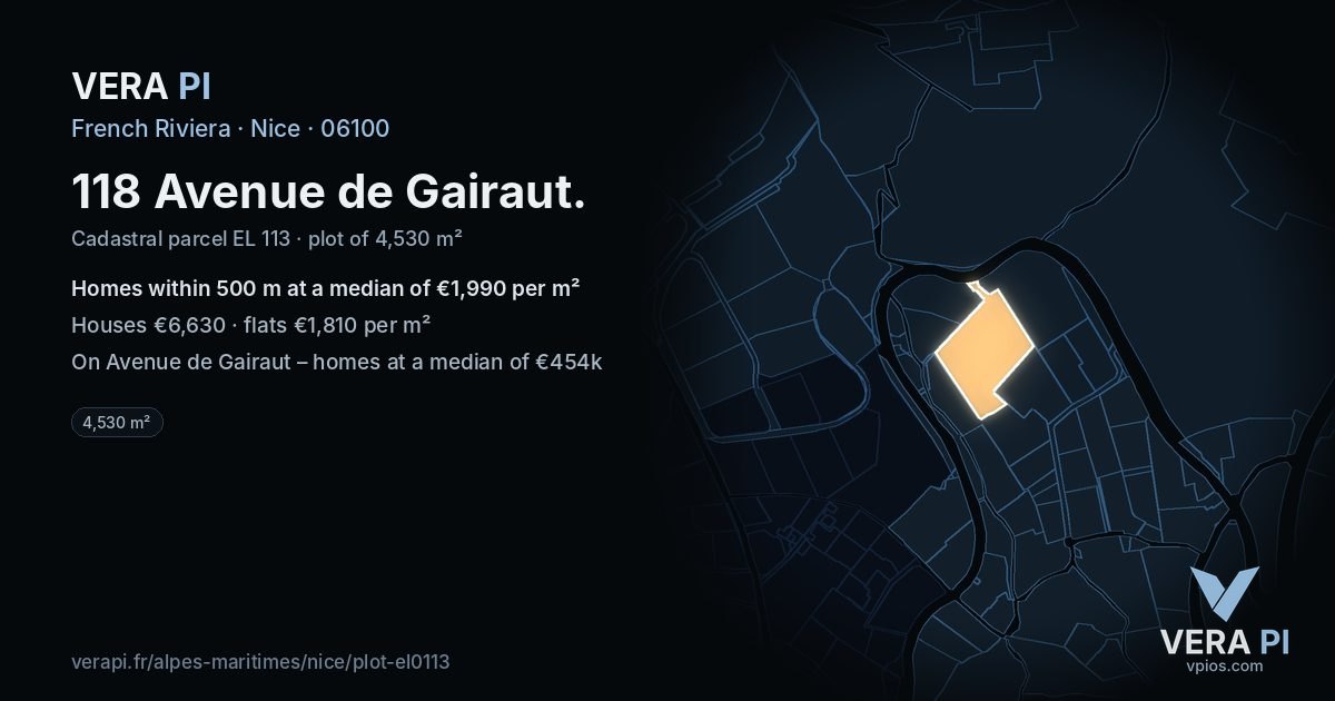 118 Avenue de Gairaut, Nice at night – the plot lit, the parcels around coloured by the prices near them