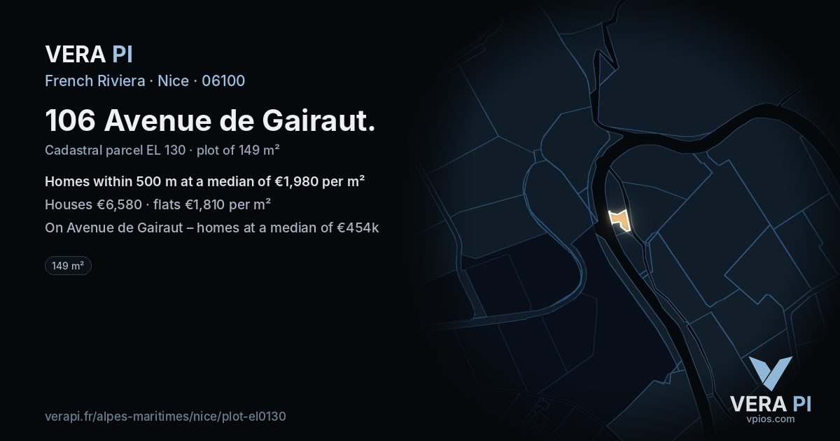 106 Avenue de Gairaut, Nice at night – the plot lit, the parcels around coloured by the prices near them