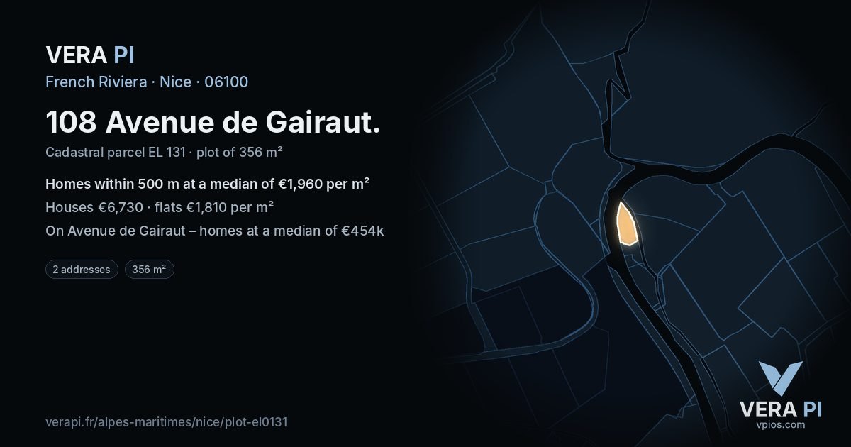 108 Avenue de Gairaut, Nice at night – the plot lit, the parcels around coloured by the prices near them