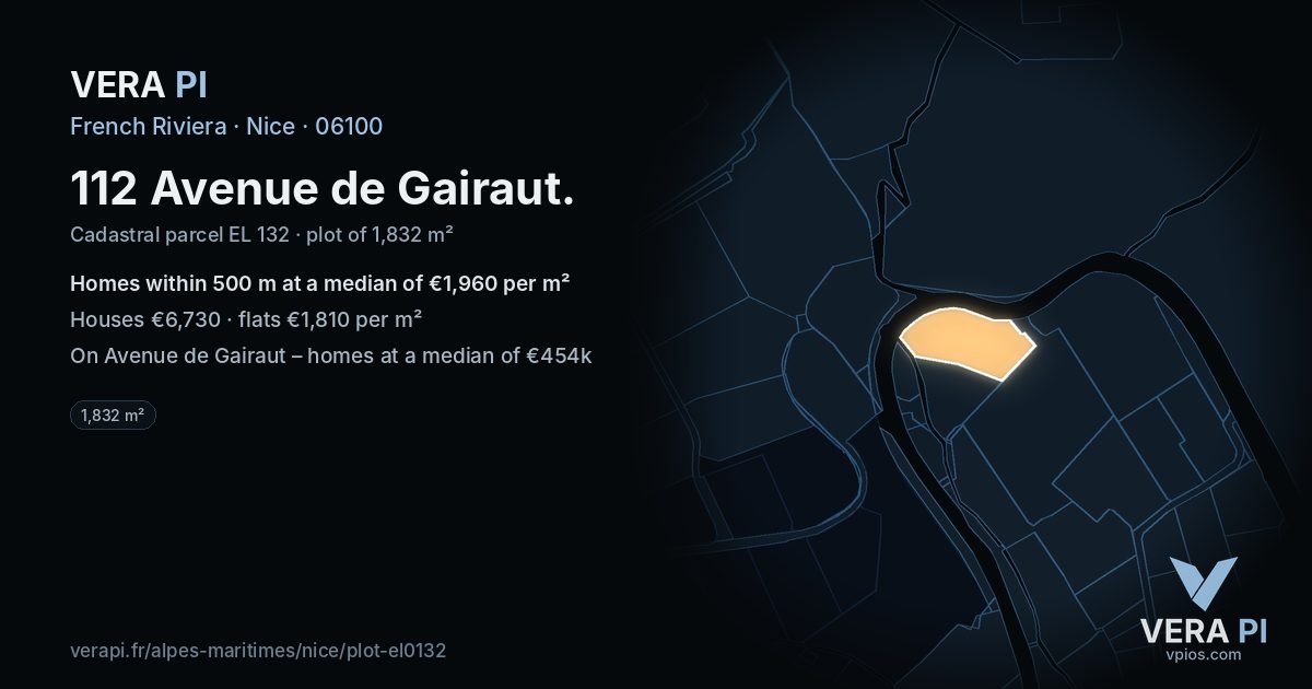 112 Avenue de Gairaut, Nice at night – the plot lit, the parcels around coloured by the prices near them