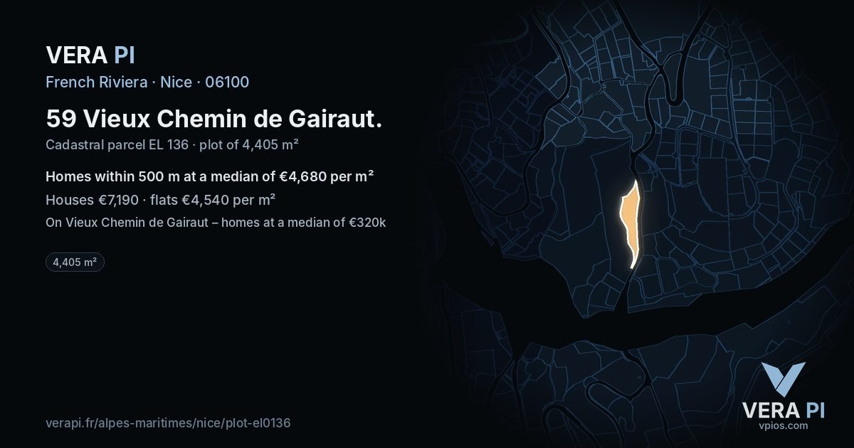 59 Vieux Chemin de Gairaut, Nice at night – the plot lit, the parcels around coloured by the prices near them