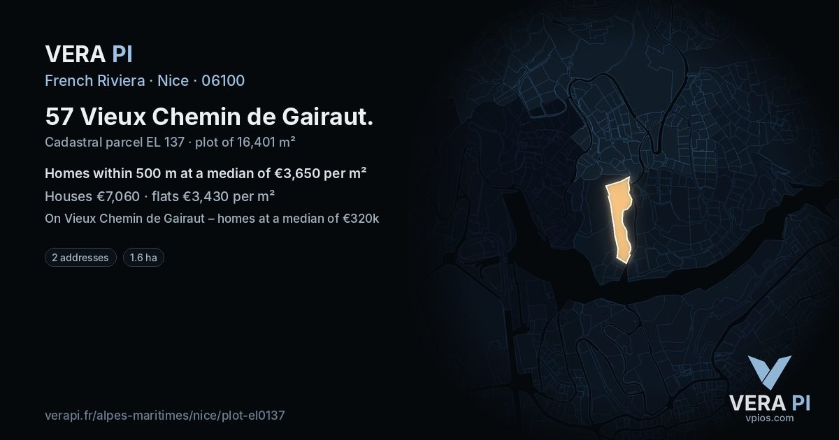 57 Vieux Chemin de Gairaut, Nice at night – the plot lit, the parcels around coloured by the prices near them