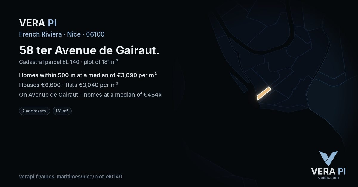58 ter Avenue de Gairaut, Nice at night – the plot lit, the parcels around coloured by the prices near them