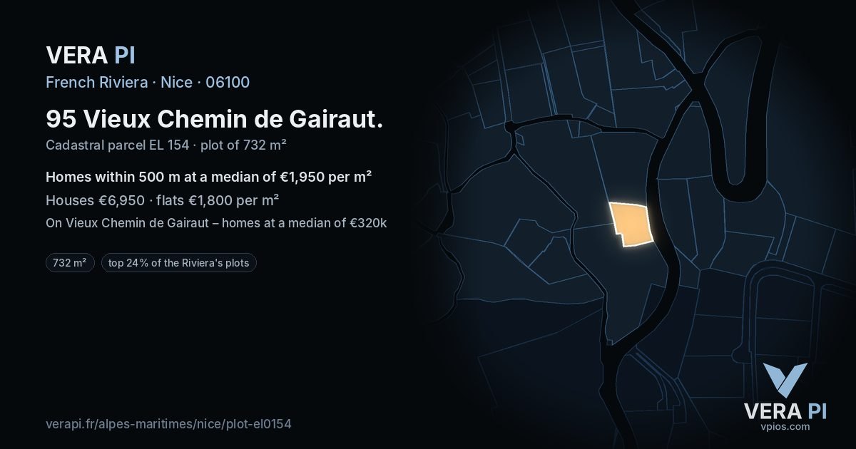 95 Vieux Chemin de Gairaut, Nice at night – the plot lit, the parcels around coloured by the prices near them