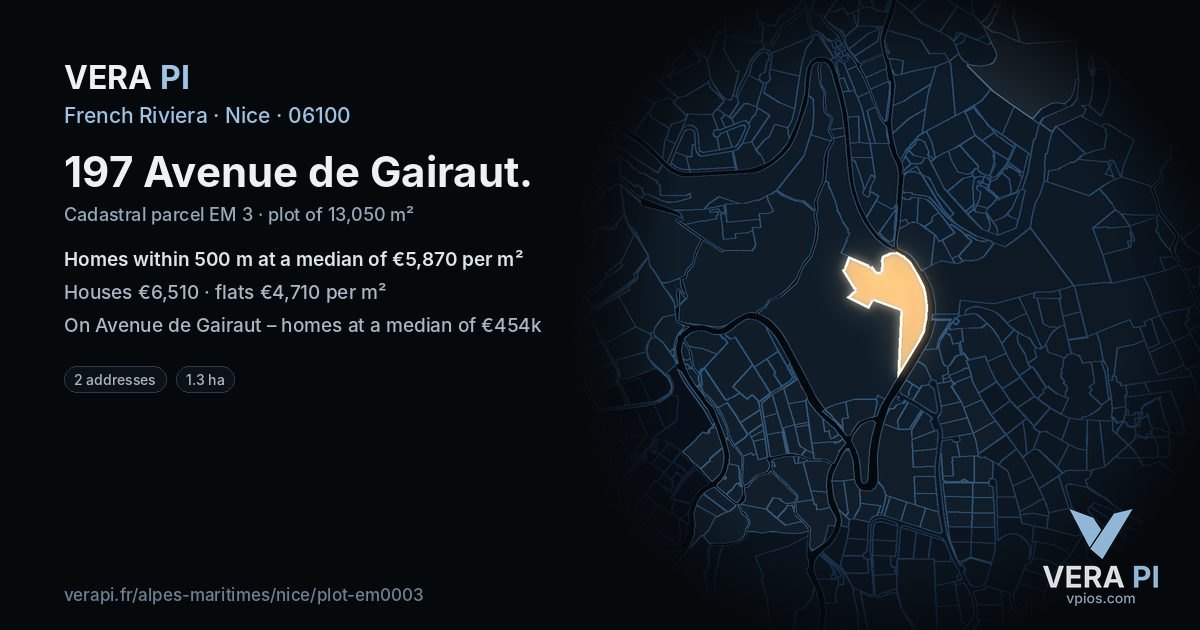 197 Avenue de Gairaut, Nice at night – the plot lit, the parcels around coloured by the prices near them