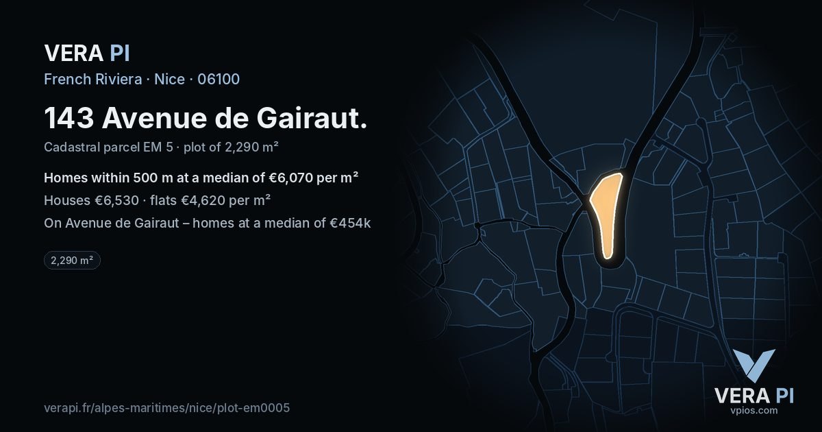 143 Avenue de Gairaut, Nice at night – the plot lit, the parcels around coloured by the prices near them