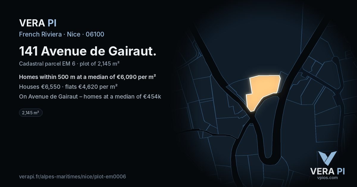 141 Avenue de Gairaut, Nice at night – the plot lit, the parcels around coloured by the prices near them