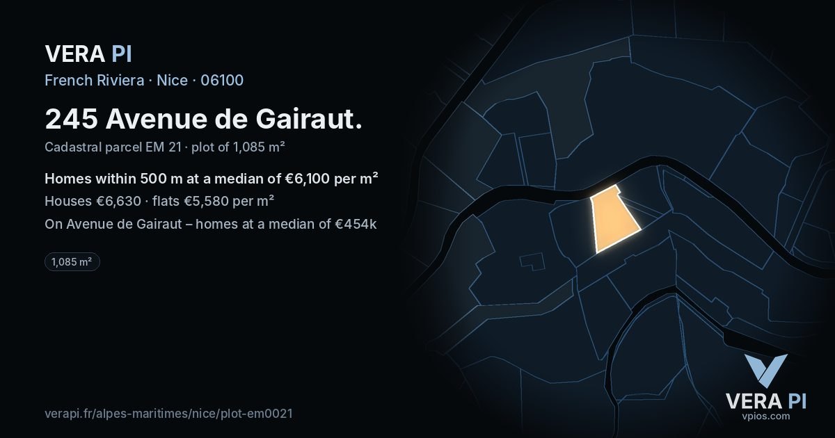 245 Avenue de Gairaut, Nice at night – the plot lit, the parcels around coloured by the prices near them