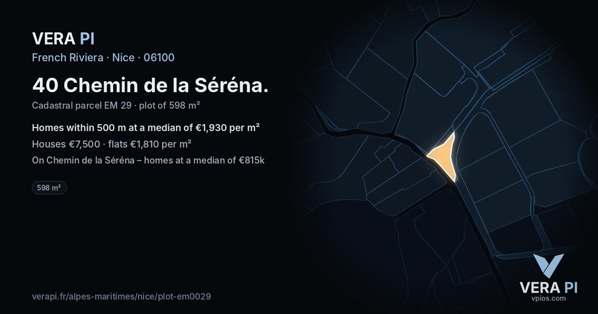 40 Chemin de la Séréna, Nice at night – the plot lit, the parcels around coloured by the prices near them