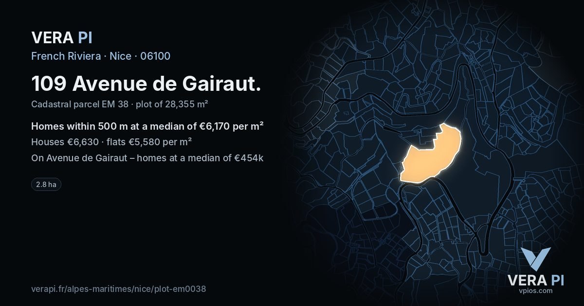109 Avenue de Gairaut, Nice at night – the plot lit, the parcels around coloured by the prices near them