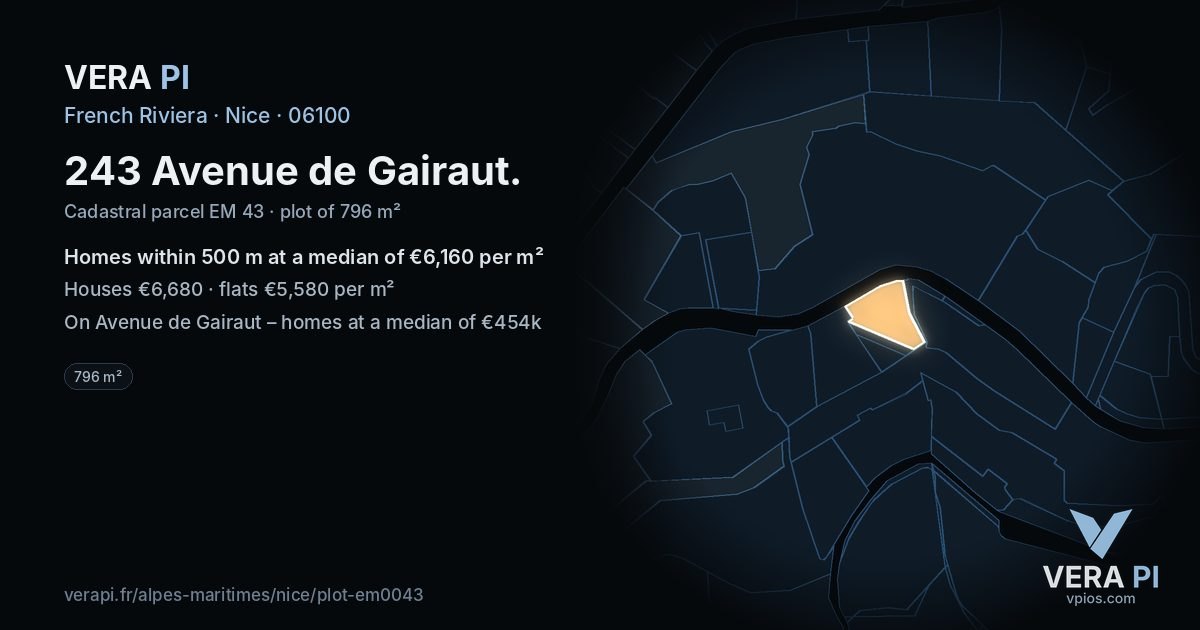 243 Avenue de Gairaut, Nice at night – the plot lit, the parcels around coloured by the prices near them