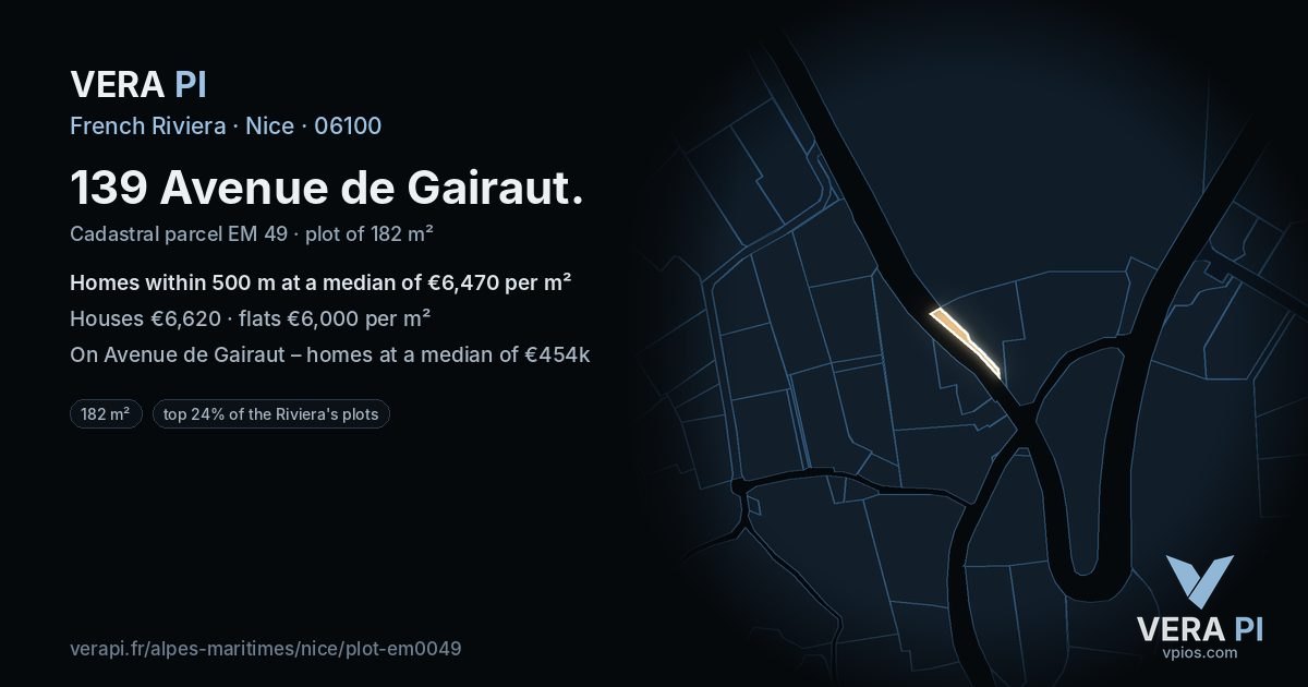 139 Avenue de Gairaut, Nice at night – the plot lit, the parcels around coloured by the prices near them
