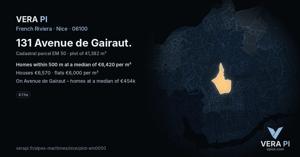 131 Avenue de Gairaut, Nice at night – the plot lit, the parcels around coloured by the prices near them