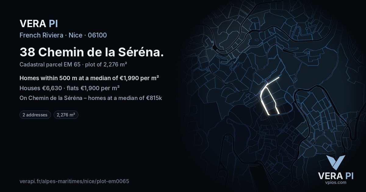 38 Chemin de la Séréna, Nice at night – the plot lit, the parcels around coloured by the prices near them