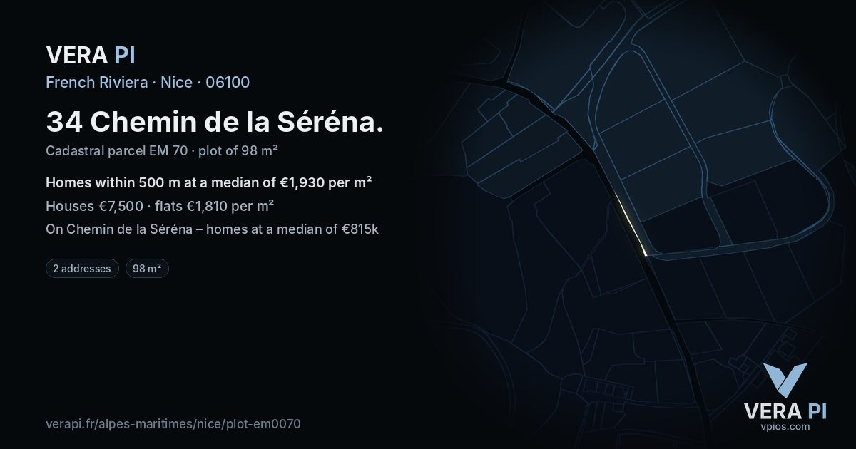 34 Chemin de la Séréna, Nice at night – the plot lit, the parcels around coloured by the prices near them