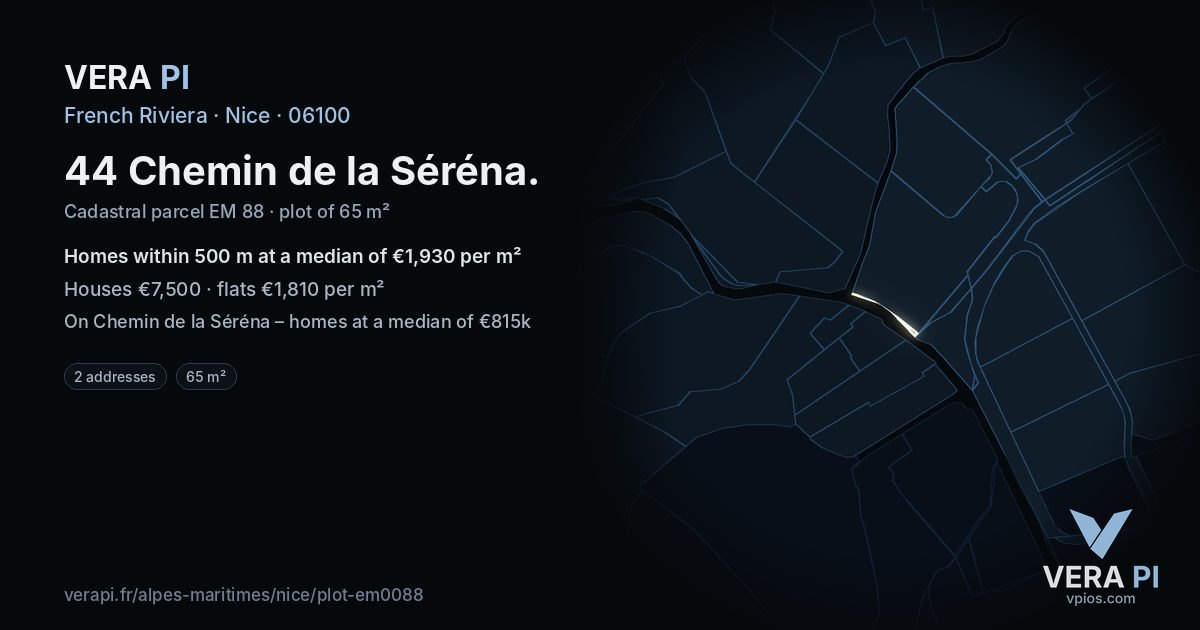 44 Chemin de la Séréna, Nice at night – the plot lit, the parcels around coloured by the prices near them