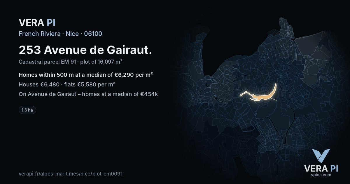 253 Avenue de Gairaut, Nice at night – the plot lit, the parcels around coloured by the prices near them