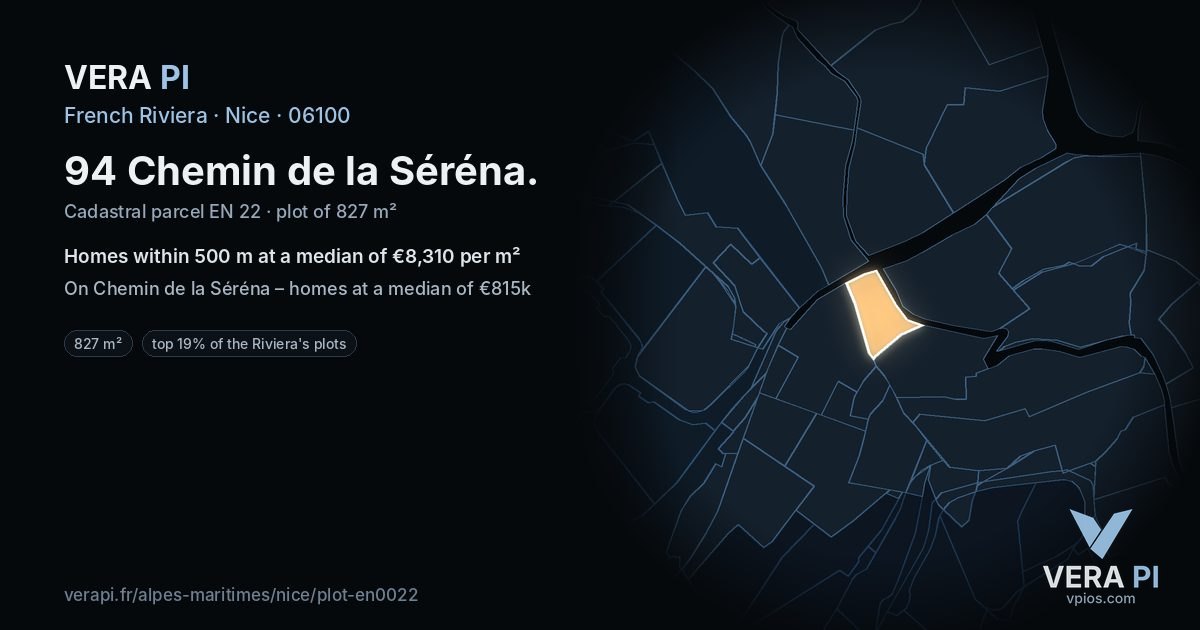 94 Chemin de la Séréna, Nice at night – the plot lit, the parcels around coloured by the prices near them