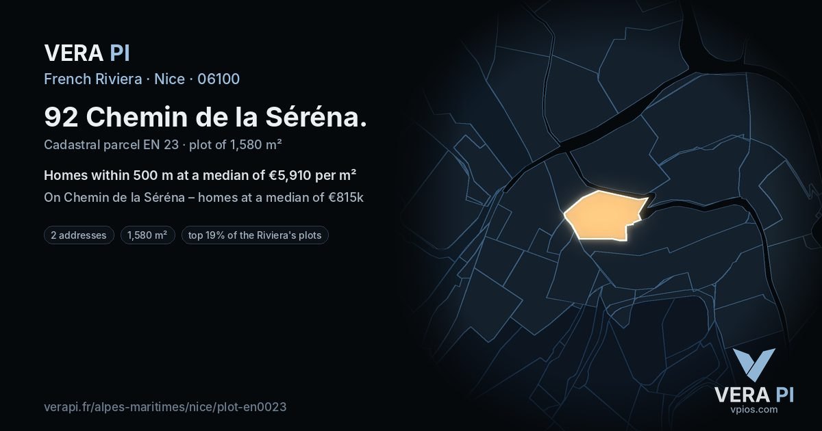 92 Chemin de la Séréna, Nice at night – the plot lit, the parcels around coloured by the prices near them