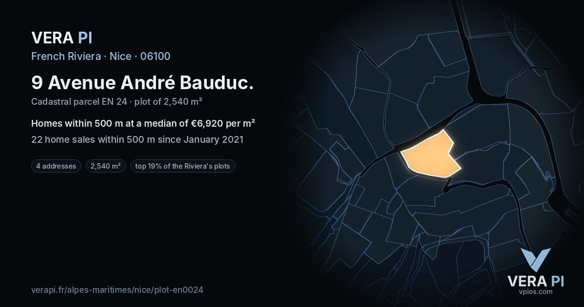 9 Avenue André Bauduc, Nice at night – the plot lit, the parcels around coloured by the prices near them