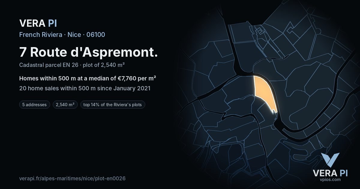 7 Route d'Aspremont, Nice at night – the plot lit, the parcels around coloured by the prices near them