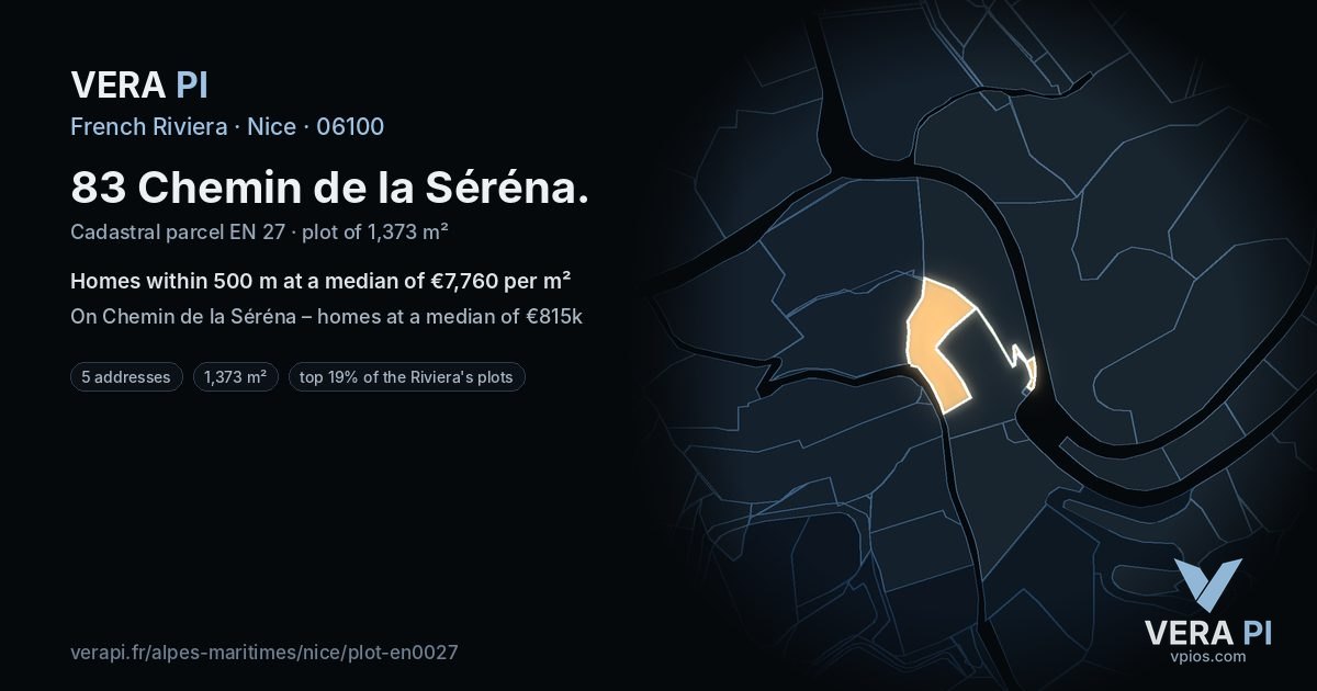 83 Chemin de la Séréna, Nice at night – the plot lit, the parcels around coloured by the prices near them