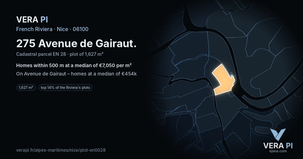275 Avenue de Gairaut, Nice at night – the plot lit, the parcels around coloured by the prices near them