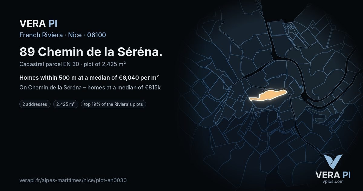 89 Chemin de la Séréna, Nice at night – the plot lit, the parcels around coloured by the prices near them