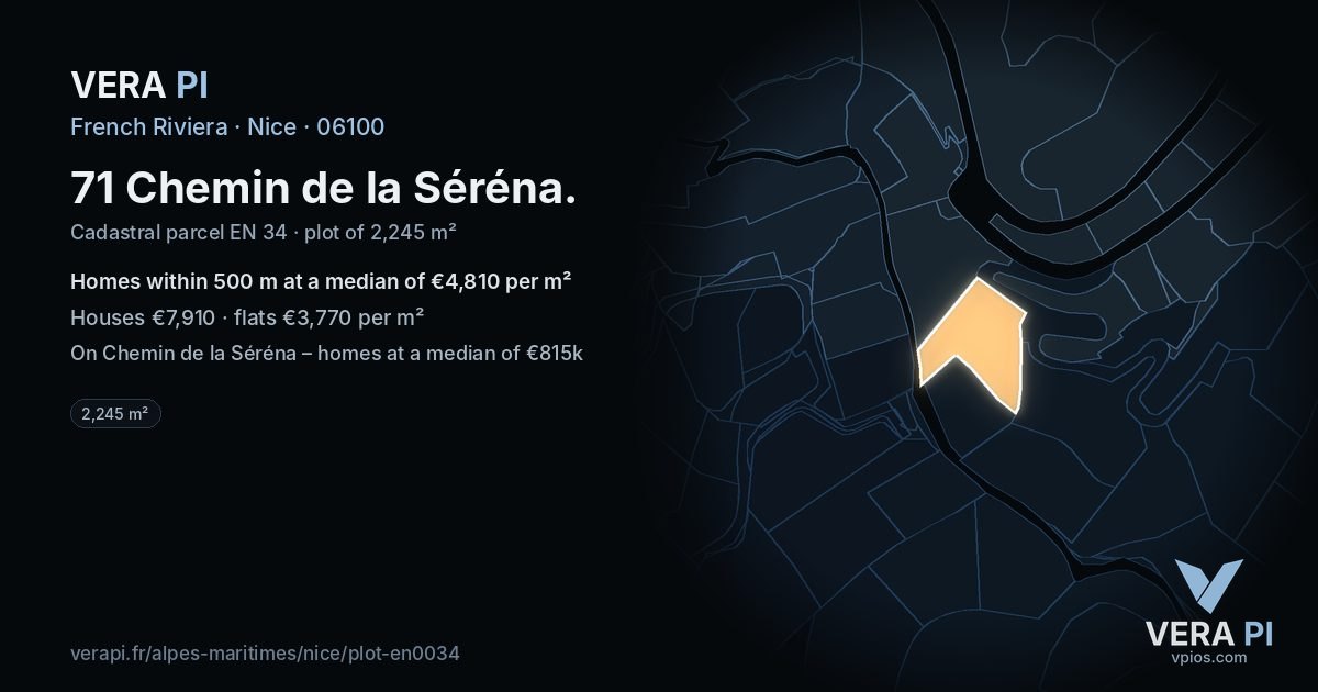 71 Chemin de la Séréna, Nice at night – the plot lit, the parcels around coloured by the prices near them