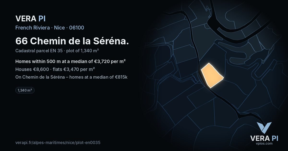 66 Chemin de la Séréna, Nice at night – the plot lit, the parcels around coloured by the prices near them