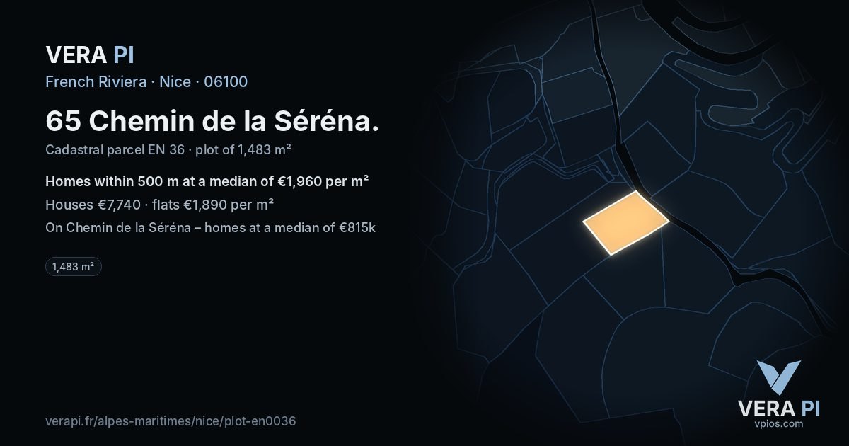 65 Chemin de la Séréna, Nice at night – the plot lit, the parcels around coloured by the prices near them