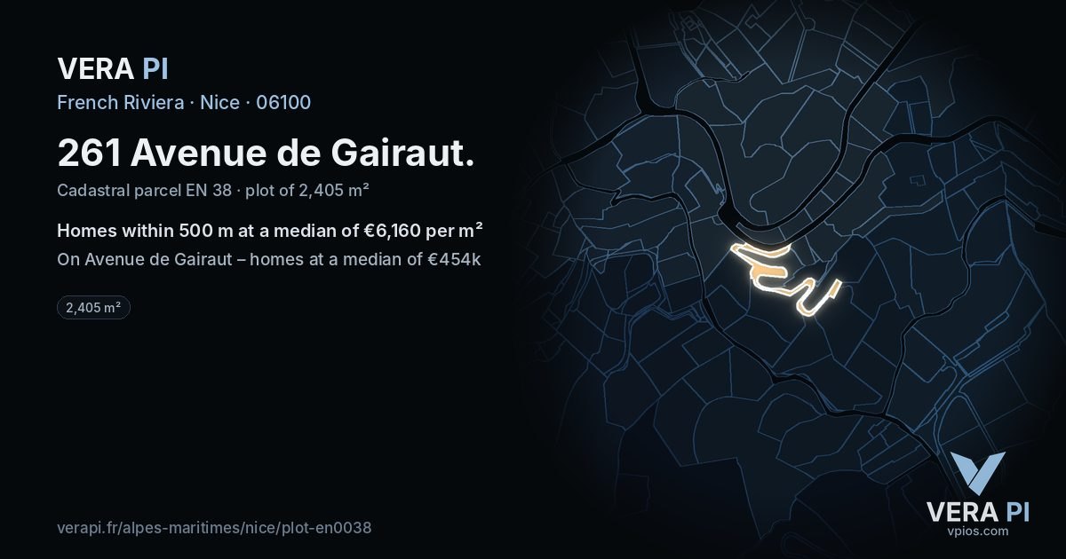 261 Avenue de Gairaut, Nice at night – the plot lit, the parcels around coloured by the prices near them